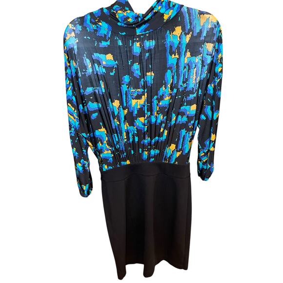 BCBGMaxazria Women 6 Abstract Paint Blue Blouson Dress Cowl‎ Neck Business - Picture 8 of 14